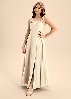 Azazie Callie Junior Abito A-Line in Chiffon Increspato Champagne image3