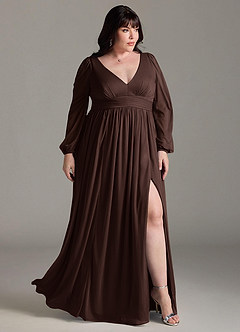 Azazie Norah Vestidos de damas de honor Vestido de Ganache de Gasa de Corte en A con Manga larga con cuello en V image9