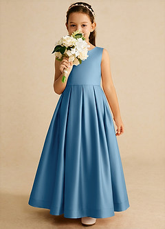 Azazie Cailee Flower Girl Dresses Steel Blue Ball-Gown Pleated Matte Satin Dress image3