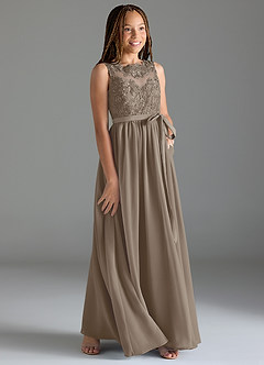 Azazie Elly Junior Taupe A-Line Lace Chiffon Dress image4