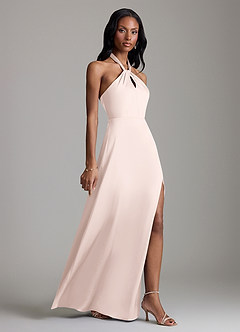 Azazie Tracie Bridesmaid Dresses Blushing Pink A-Line Side Slit Stretch Satin Dress image3
