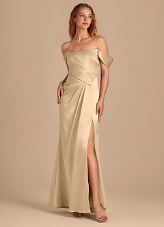 Azazie Shea Bridesmaid Dresses Gold Mermaid Off the Shoulder Metallic Satin Convertible Dress image1