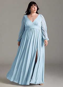 Azazie Norah Bridesmaid Dresses Sky Blue A-Line V-Neck Long Sleeve Chiffon Dress image6