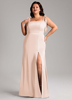 Azazie Frostine Bridesmaid Dresses Blushing Pink A-Line Bow Stretch Satin Dress image7
