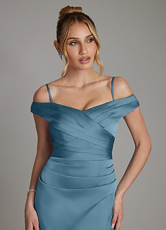 Azazie Teyana Bridesmaid Dresses Bermuda Sheath Off the Shoulder Stretch Satin Dress image3