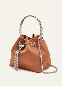 front Crystal Hoop Handle Satin Bucket Bag