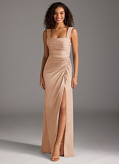 Azazie Jesaphine 신부 들러리 드레스 쉬스 절하다 스트레치 새틴 바닥 길이 드레스 image1