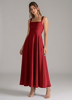 Azazie Shaude Bridesmaid Dresses Scarlet A-Line Pleated Stretch Satin Dress image4