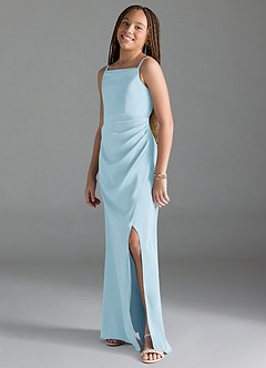 Azazie Leonis Junior A-Linie Plissee Stretch-Satin Kleid Himmelblau image4