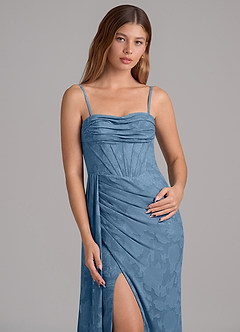 Azazie Amyra Jurken voor bruidsmeisjes Converteerbaar Jurk van Bloemen Burn-out met Zeemeermin Off the Shoulder Staal Blauw image2