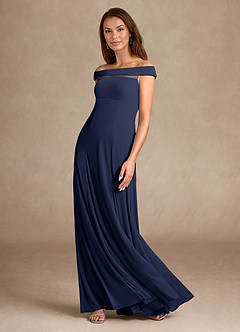 Azazie Ewa Mother of the Bride Dresses Dark Navy A-Line Off the Shoulder Mesh Dress image6