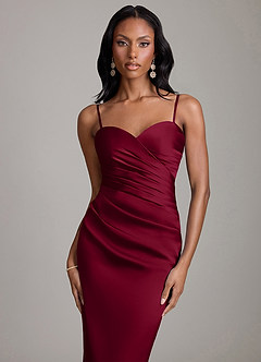 Azazie Sonora At-home Try On Dresses Burgundy Sheath Strapless Stretch Satin Dress image3
