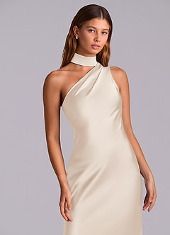 Azazie Seona Robes de demoiselle d'honneur Robe Sirène en Satin extensible Une épaule Albâtre Blanc image2