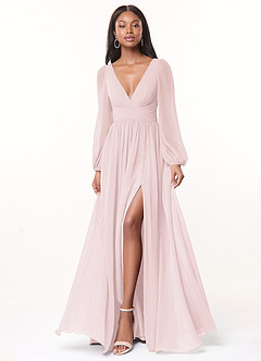 Azazie Norah Bridesmaid Dresses Blushing Pink A-Line V-Neck Long Sleeve Chiffon Dress image1