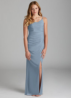 Azazie Deandra Junior Dusty Blue Sheath Stretch Chiffon Dress image1