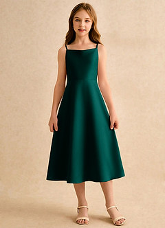 Azazie Jaella Girls Formal Blomsterpigekjoler A-Line Plisseret Mat satin Te-længde Kjole image3