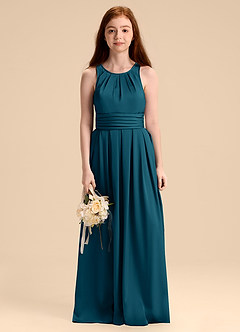 Azazie Bibiane Junior Ink Blue A-Line Pleated Stretch Satin Dress image6