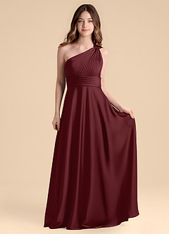Azazie Charlize Junior Cabernet A-Line Pleated Stretch Satin Dress image4