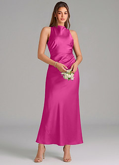 Azazie Evadne Vestidos de damas de honor Vestido de Fucsia de Satén Elástico de Corte Recto con Plisado image3