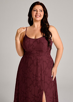 Azazie Moira Bridesmaid Dresses Cabernet A-Line Side Slit Floral Burnout Dress image12