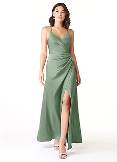 Azazie Geanna Bridesmaid Dresses Matcha Sheath V-Neck Pleated Stretch Satin Dress image1