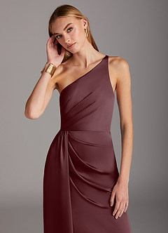 Azazie Mika Bridesmaid Dresses Sangria Sheath One Shoulder Stretch Satin Dress image6