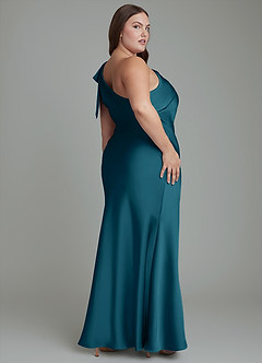 Azazie Yuanna Bridesmaid Dresses Ink Blue Mermaid One Shoulder Stretch Satin Dress image9