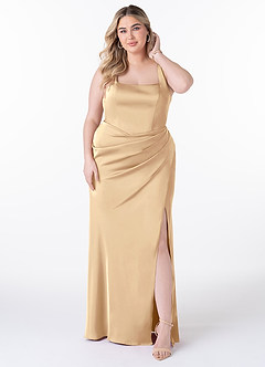 Azazie Mero Bridesmaid Dresses Champagne Sheath Pleated Stretch Satin Dress image6