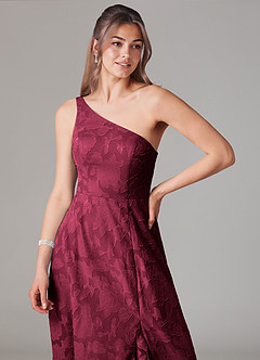 Azazie Ellianna Bridesmaid Dresses Burgundy A-Line One Shoulder Floral Burnout Dress image5