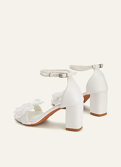 front Satin Bow & Pearl Ankle Strap Block Heel Sandals