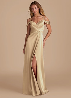 Azazie Ocean Robes de demoiselle d'honneur Robe Trapèze en Satiné métallisé Épaule décolletée Champagne image3