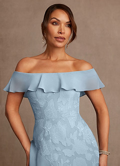 Azazie Marina Mother of the Bride Dresses Sky Blue A-Line Off the Shoulder Floral Burnout Dress image5