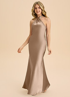 Azazie Chickie Junior Vestido de Gris Pardo de Satén Elástico de Corte Recto con Plisado image5