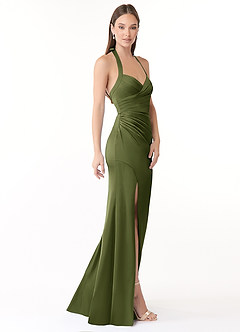 Azazie Emeria Bridesmaid Dresses Olive Mermaid Pleated Stretch Satin Dress image7