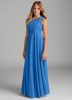 Azazie Charlize Junior Blue Jay A-Line Mesh Dress image3