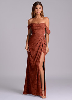 Azazie Johana Jurken voor bruidsmeisjes Converteerbaar Jurk van Bloemen Burn-out met Zeemeermin Off-shoulder Terracotta image3