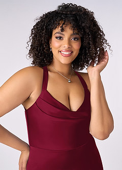 Barbie ♥ Azazie Robes de demoiselle d'honneur Robe Sirène en Satin extensible Plissée Bourgogne image10