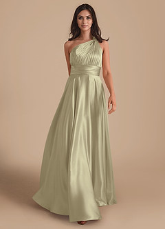 Azazie Charlize Bridesmaid Dresses Moss Green A-Line One Shoulder Metallic Satin Dress image1