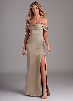Azazie Saige Bridesmaid Dresses Taupe Sheath Off the Shoulder Stretch Satin Dress image3