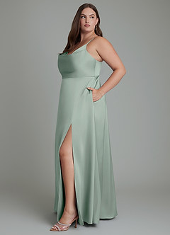 Azazie Sarella Bridesmaid Dresses Agave A-Line Pleated Stretch Satin Dress image11