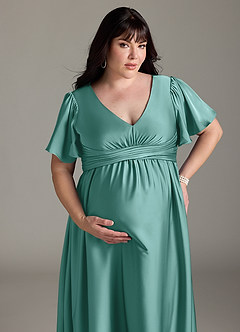 Azazie Verna vestidos de dama de honor de maternidad Vestido de Corte En A Volante Hasta el suelo Satén Elástico image15
