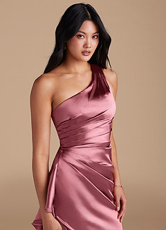 Azazie Latrice At-home Try On Dresses Desert Rose Sheath One Shoulder Metallic Satin Dress image3