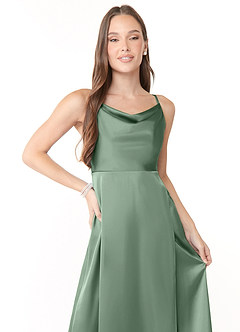 Azazie Naomie Bridesmaid Dresses Matcha A-Line Cowl Neckline Side Slit Stretch Satin Dress image5