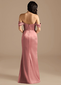 Azazie Lynden At-home Try On Dresses Auburn Sheath Off the Shoulder Metallic Satin Convertible Dress image5