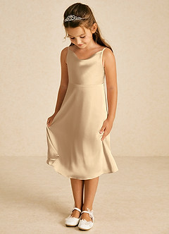 Azazie Zuzu Flower Girl Dresses Champagne A-Line Spaghetti Strap Stretch Satin Dress image3