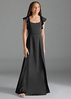 Azazie Bondi Junior Black A-Line Side Slit Stretch Satin Dress image3