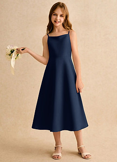 Azazie Jaella Girls Formal Flower Girl Dresses Dark Navy A-Line Pleated Matte Satin Dress image2