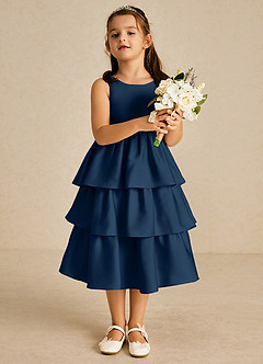 Azazie Margery Flower Girl Dresses Dark Navy A-Line Bow Stretch Satin Dress image2