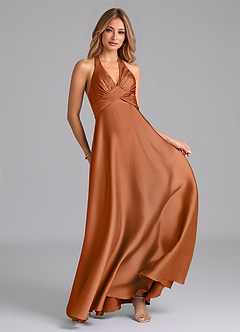 Azazie Tessie Bridesmaid Dresses Copper A-Line Pleated Stretch Satin Dress image4