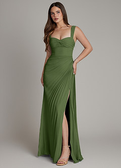 Azazie Amberly Robes de demoiselle d'honneur Robe Fourreau en Mousseline de soie Encolure en Forme de Cœur Olive image1